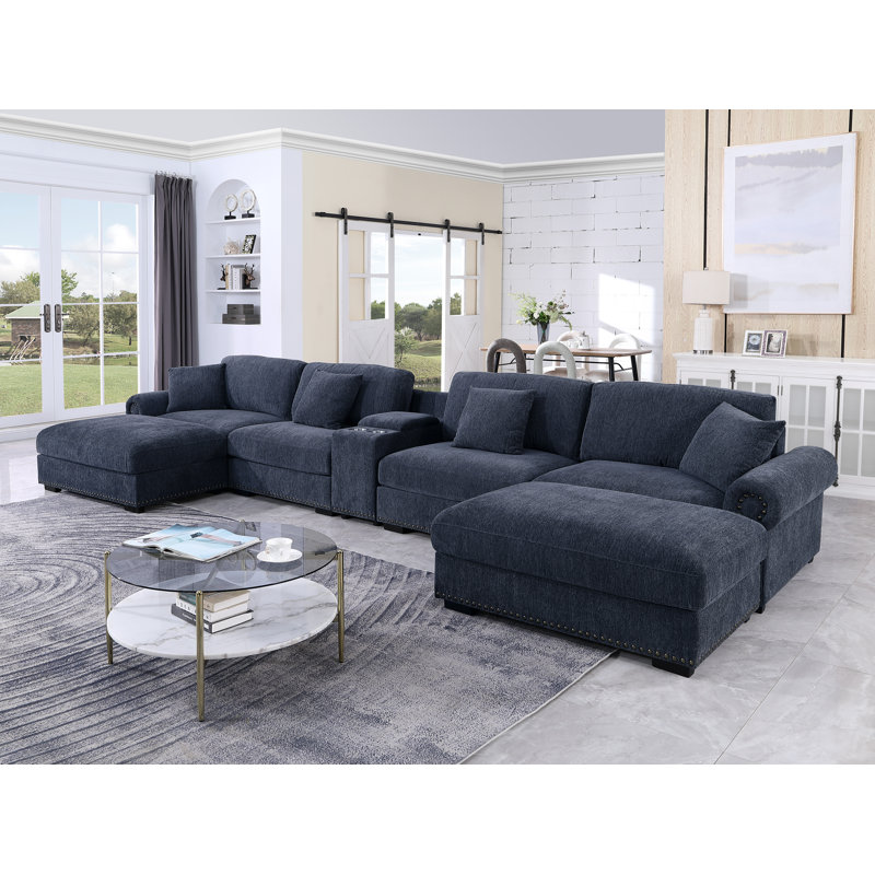 7 - Piece 179.86" U Shape Sectional Sofa Cloud Couch With Removable Ottomans & Cup Holder, USB & Type-C Charging Ports