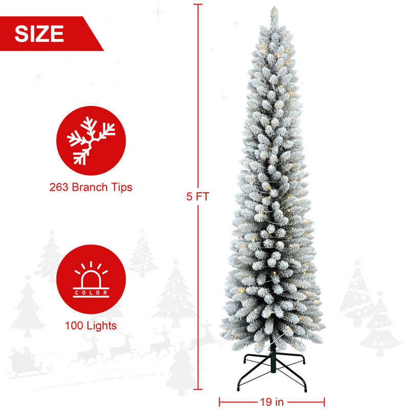 Arbre enneigé 5 pi, 100 lumières blanches chaudes, 263 pointes, base en métal, support de Noël, support, espaces restreints