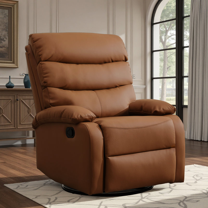 Top Grain Genuine Leather Recliner, Small Swivel Rocker Recliner Chair,manual Recliner Chair For Living Room, Bedroom, Home Theater,rv-Brown