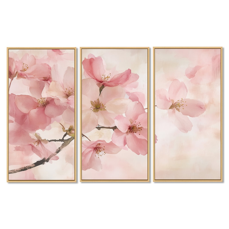 «Spring Cherry Blossom Drift I», art floral encadré 3 pièces, H 40 po x l 60 po, Cadre naturel flottant