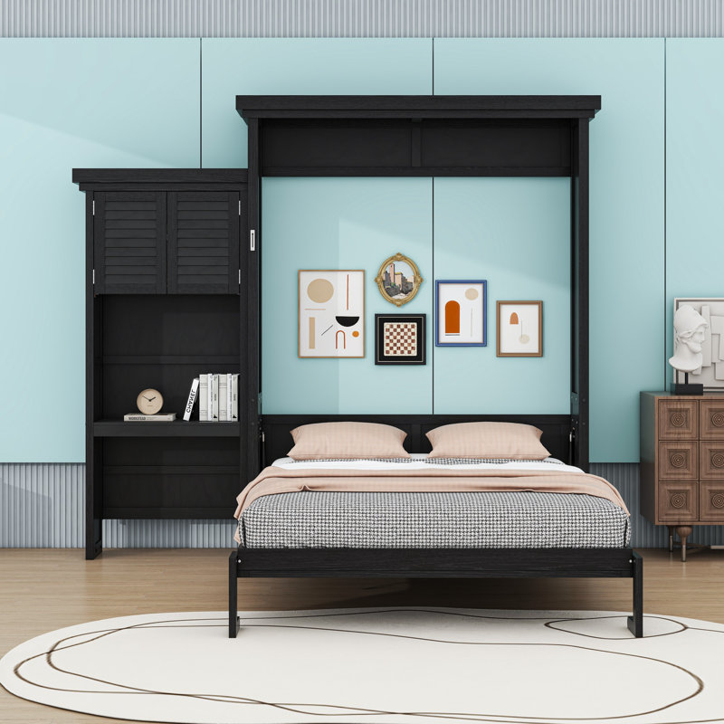 Grand lit escamotable en bois avec conception à persiennes classique et tablettes de rangement, Noir