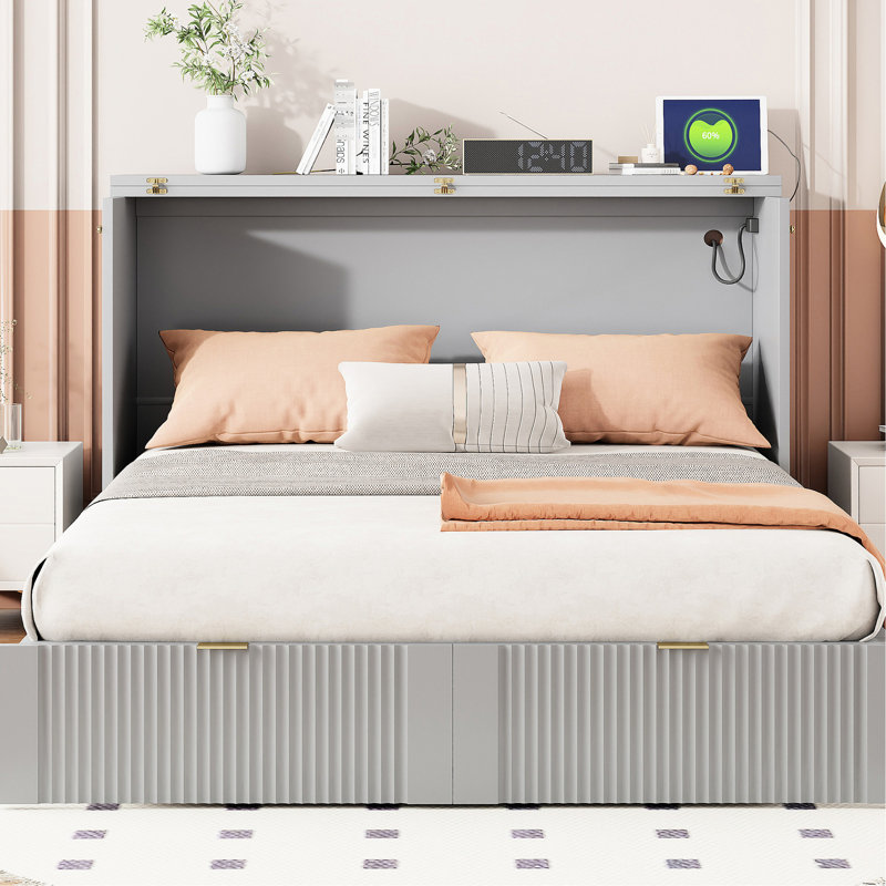 Lit double de couleur grise avec tiroir pratique pour une utilisation intelligente de l'espace, Lit double, Gris