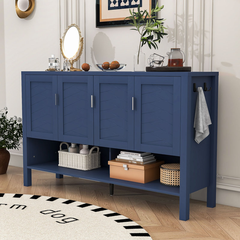 Modern Four-Door Sideboard Buffet Cabinet with Adjustable Shelves, Open Storage and Geometric Doors, Navy Blue