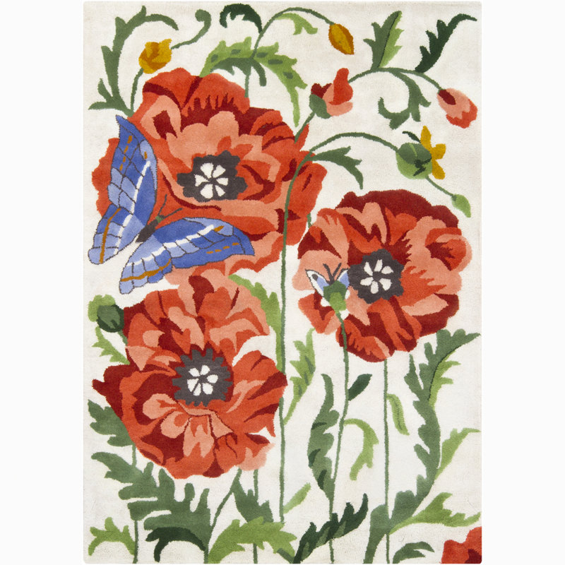 Adairsville Authentic Hand-Tufted Handmade Red, Green & Blue Garden Botanical Floral Butterfly Wool Area Rug