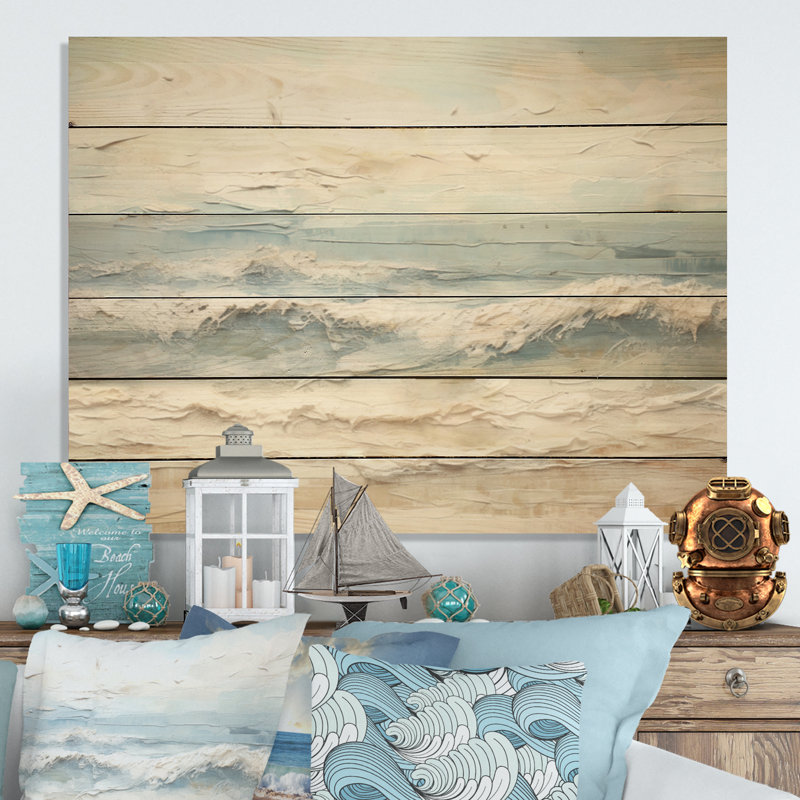 Beige And Blue Coastal Beach Paint - Coastal Beach Wood Wall Art On Natural Pine Wood, 30" H x 40" W