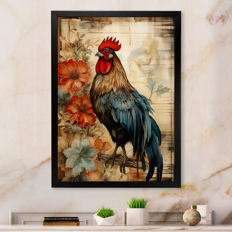 Art mural rétro, coq pastoral rétro, Cadre photo noir, H 40 po x l 30 po x P 1,5 po
