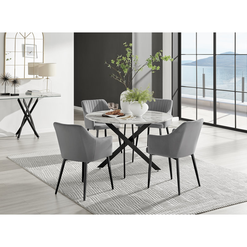 Tierra Modern Chrome Metal & Glass Round Dining Table Set with 4 Luxury Button Velvet Chairs, Green/Black, Grey