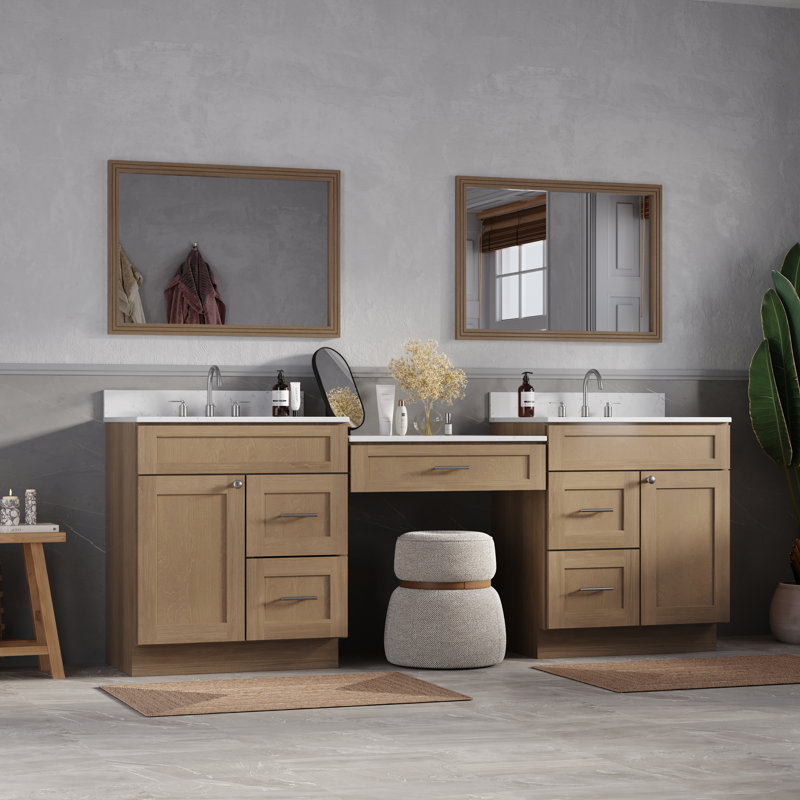 Meuble-lavabo double 91 po avec comptoir en quartz 91 po, Chêne naturel
