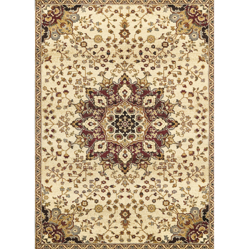 Tapis classique de couleur crème, en polypropylène, de 34,7 lb, avec un tapis à médaillon tendance, de 123 po de long