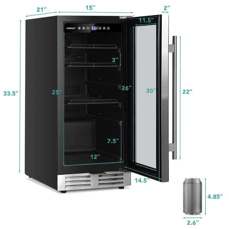 Silver 15-Inch Beverage Cooler with LED Lights and Adjustable Shelves