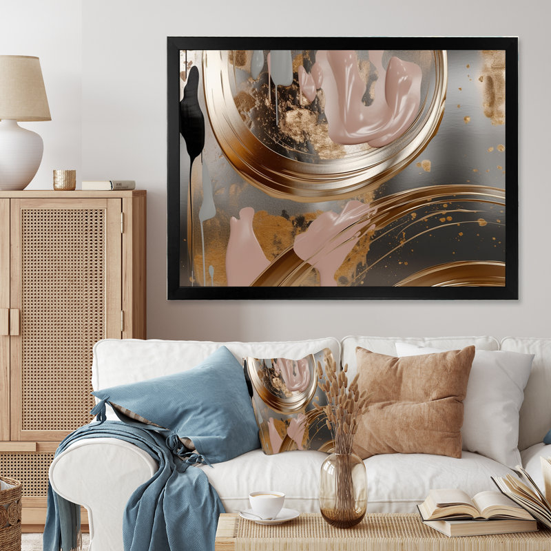 «Gold and Pink Vibrant Swirls I», reproduction d'art sur toile abstraite en marbre, H 12 po x l 20 po x P 1 po