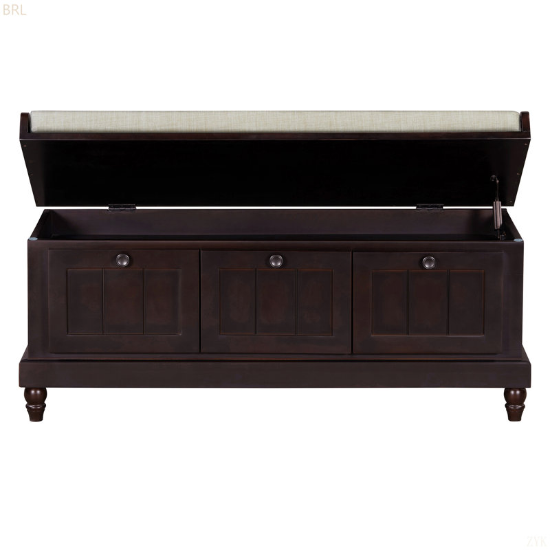 TREXM Classic Shoe Bench With Cushion And Three Drawers, Fluted Entryway Bench With Storage For Living Room, Entryway, And Hallways