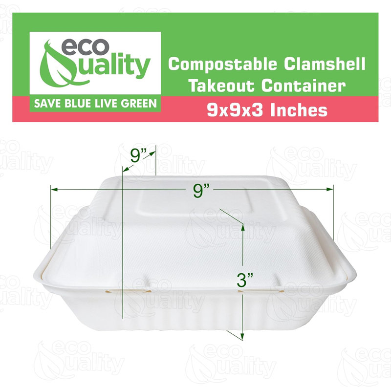  9 X 9 In Sugarcane Fibre Clamshell Take-Out Food Containers With Hinged Lid For Restaurant And Carryout Use (50)
