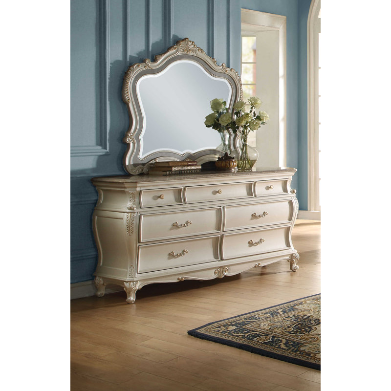 Commode 7 tiroirs avec miroir Waldorf, Blanc perle