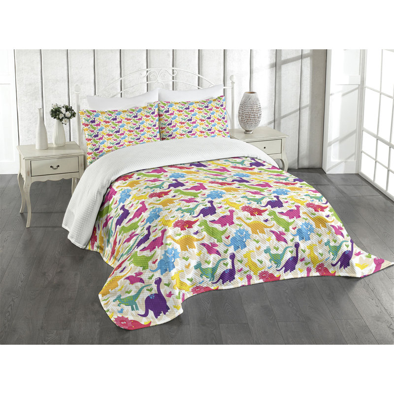 Ambesonne Dinosaur Bedspread Set Jurassic Wild Animals Joy Multicolor, King Bedspread + 2 Standard Shams