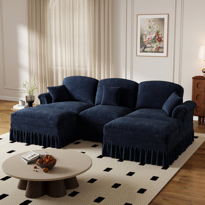 107.1'' Chenille Ruffled Pleated Skirt With Two Footstool Double Soft Cushion Sofa, Blue