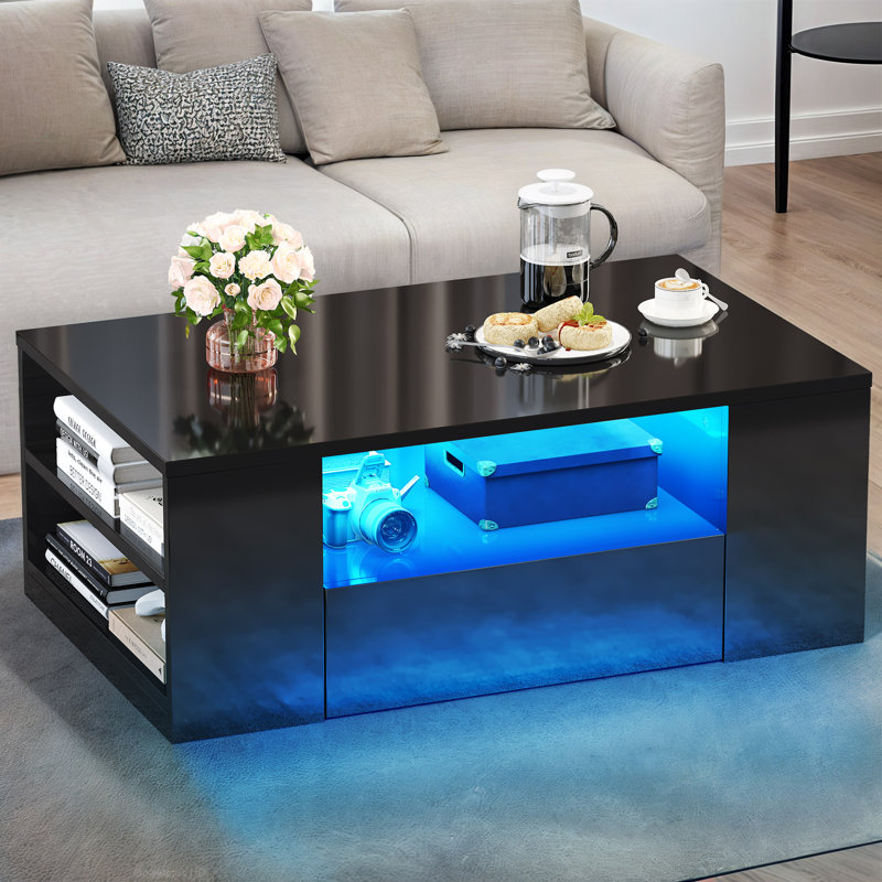 LED High-Gloss Finish Coffee Table With 2 Drawers Open Shelves Storage, Black