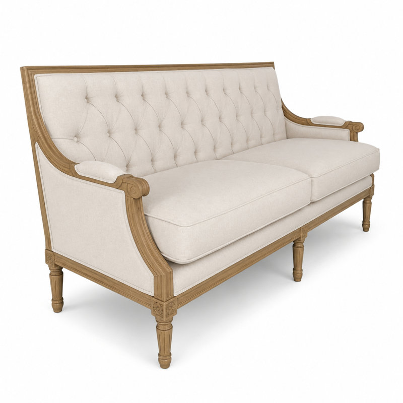 Canapé Louis capitonné, Gray Linen, Natural Wood