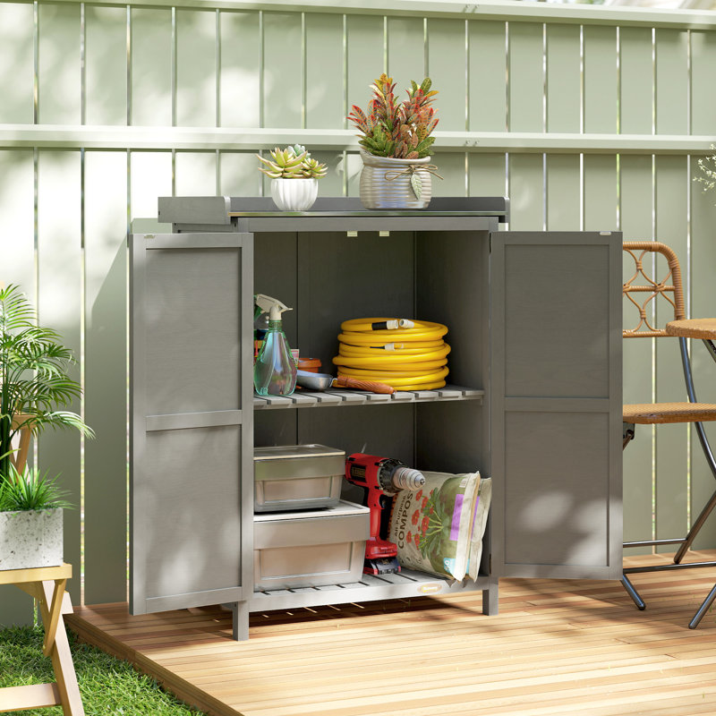 Outsunny Wooden Garden Shed, Garden Tool Storage Shed, Double Doors, Grey