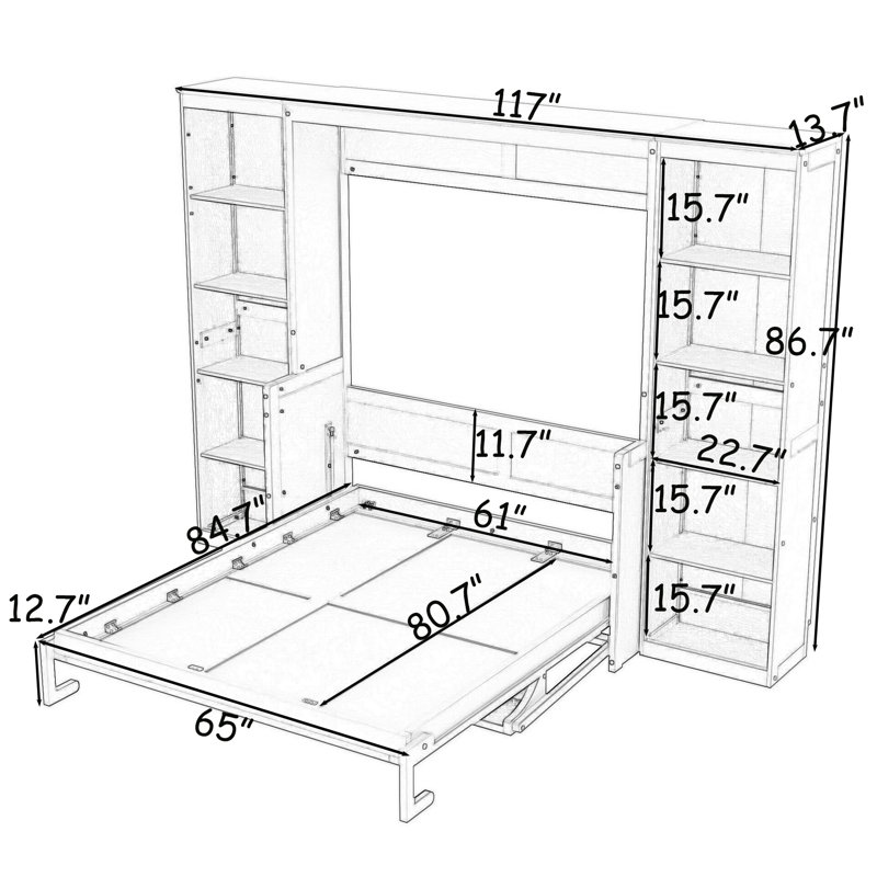 Lit escamotable en bois avec rangement spacieux, Grand