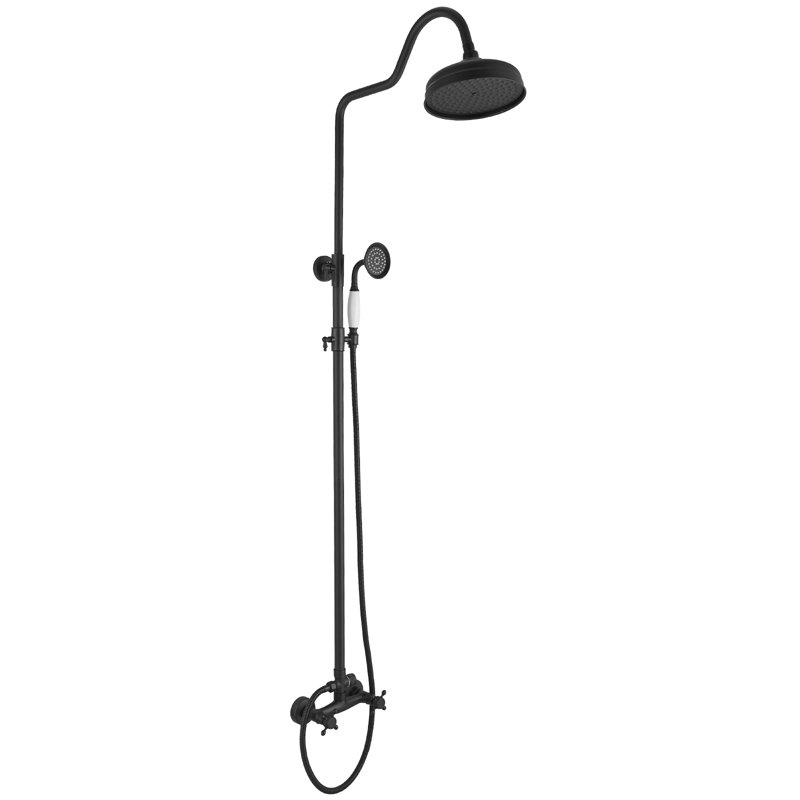 2-Spray Round Wall Bar Shower Kit With Hand Shower Dual Cross Handles Mixer Shower System Taps, Matte Black