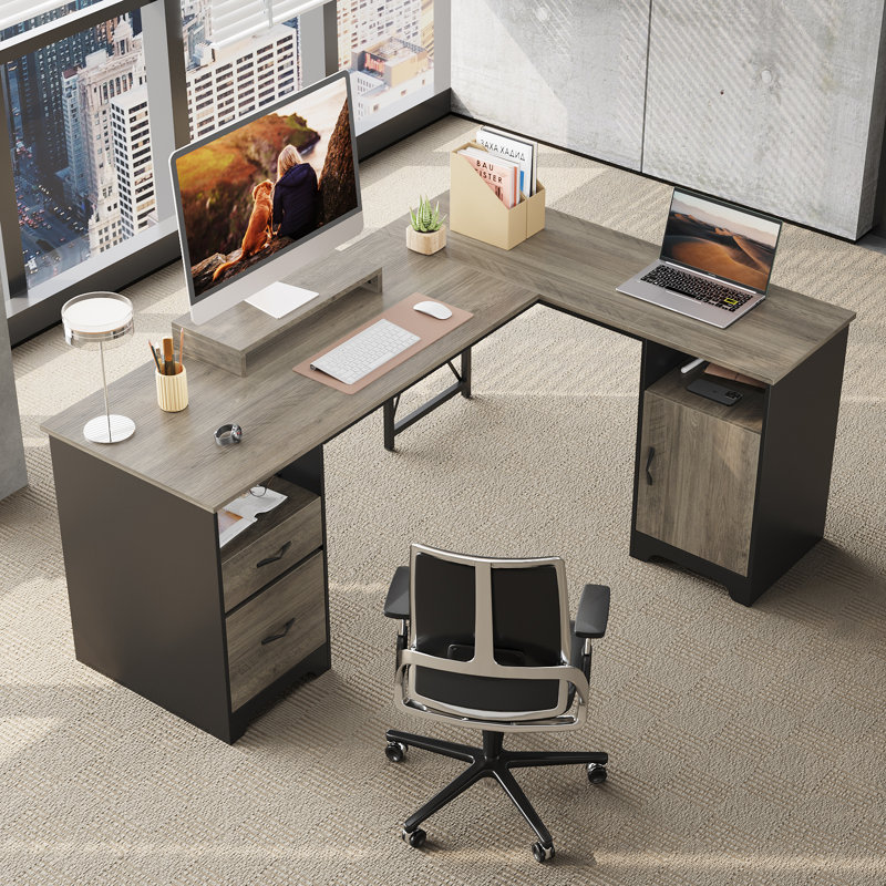 Bartolot 63'' L Shaped Home Office Desk with File&Storage Drawers and  Cabinet, Executive Desk with Monitor Stand and Open Compartments