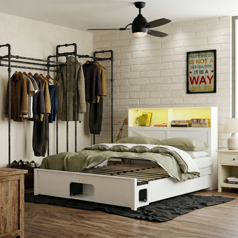 White MDF Queen Bed Frame With LED Headboard, USB Outlets, And Built-In Cat Tunnel