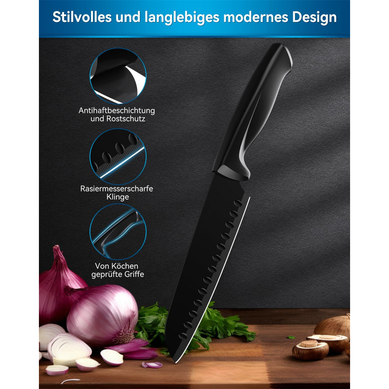 10 piece knife block with integrated sharpener for kitchen use - kitchen knife set black