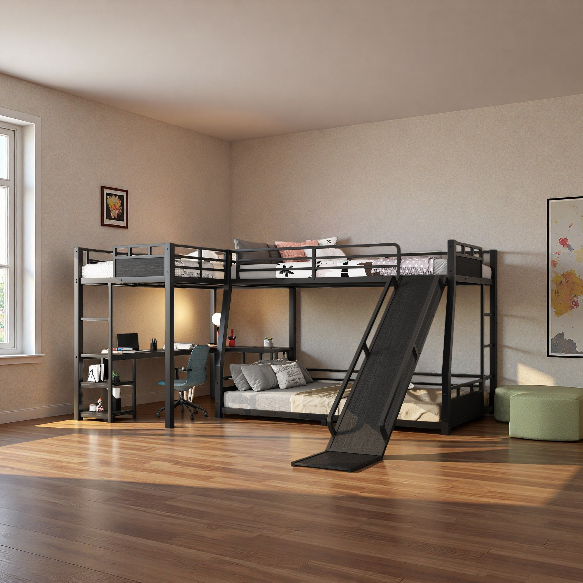 Harriet Bee L-Shaped Metal Bunk Bed (Top Bed:Full/Fullxl, Bottom Bed