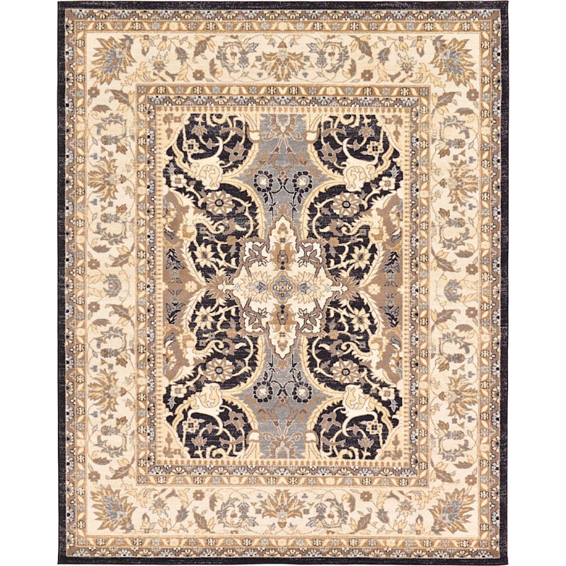 Tapis oriental noir, crème et gris Kasha, Rectangle 9 pi x 12 pi