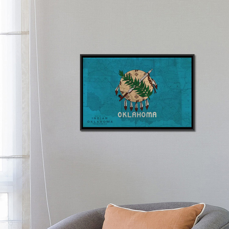 «Flags Oklahoma Map», impression sur toile, H 18 po x l 26 po x P 1,5 po, Toile avec cadre noir, Pas de tapis