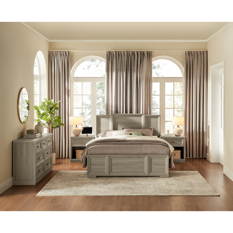 Structure de lit grand en bois Rylo, Gris