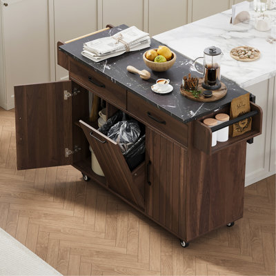 Îlot de cuisine K&K avec armoire de rangement pour poubelle, chariot de cuisine avec abattant, support à épices, porte-serviettes et tiroir, îlot de cuisine sur roulettes avec tablette réglable, brun noyer