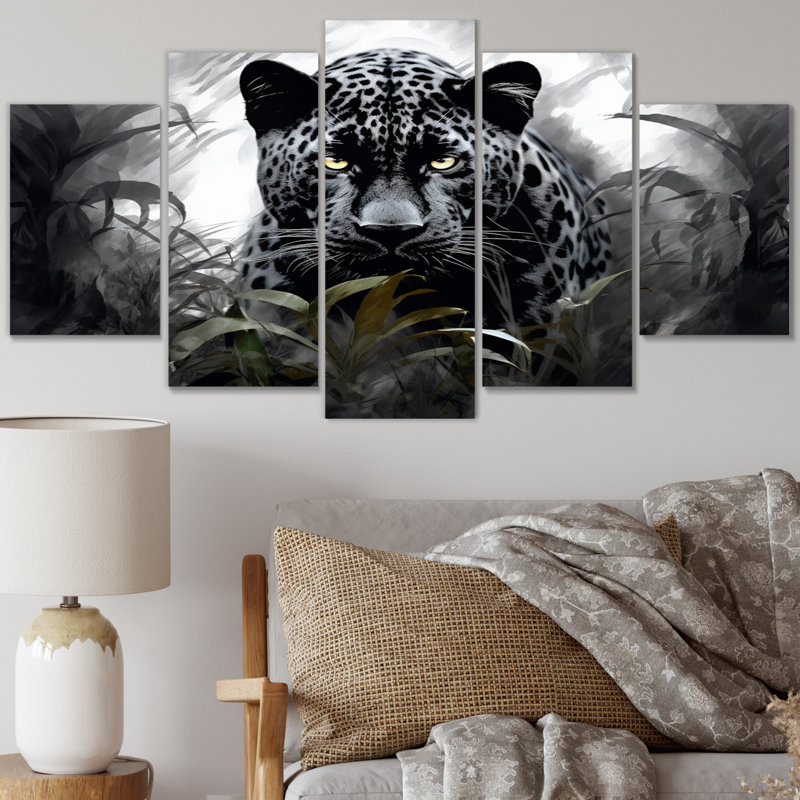 «Grey White Panther Silent Majesty», reproduction d'art sur toile - 5 panneaux
