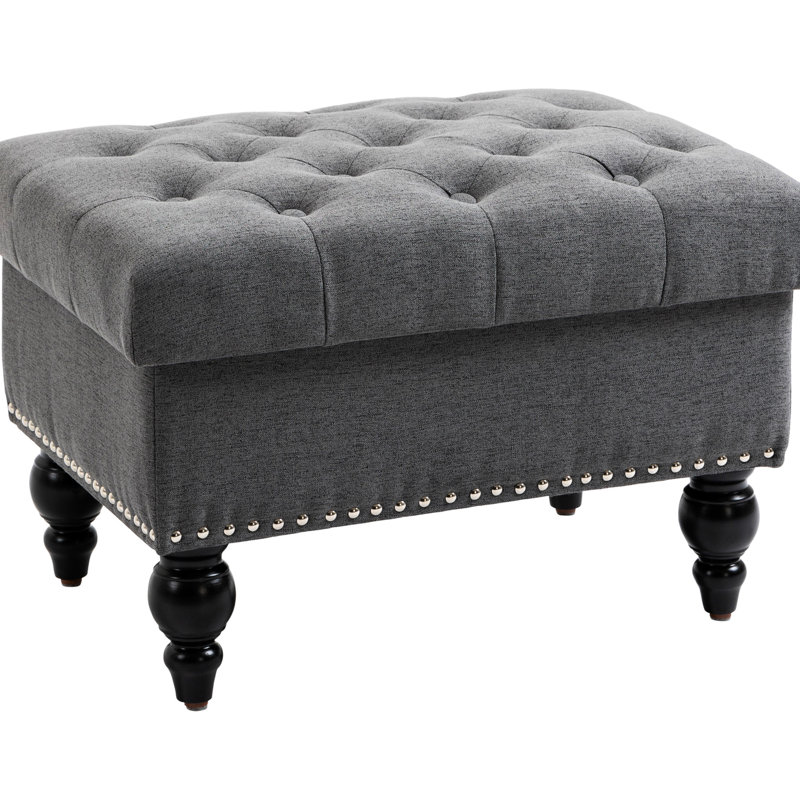 25-Inch With Removable Lid And Button- Upholstered Seat, Gray Linen Bench For Living Room Footrest Wood Legs Studded Trim Lid, 25" Decorative
