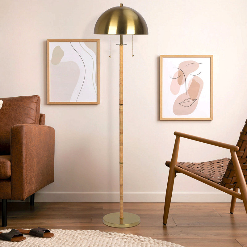 Lampe sur pied 2 lumières Allure, laiton doré, tube en rotin naturel, double chaîne marche / arrêt