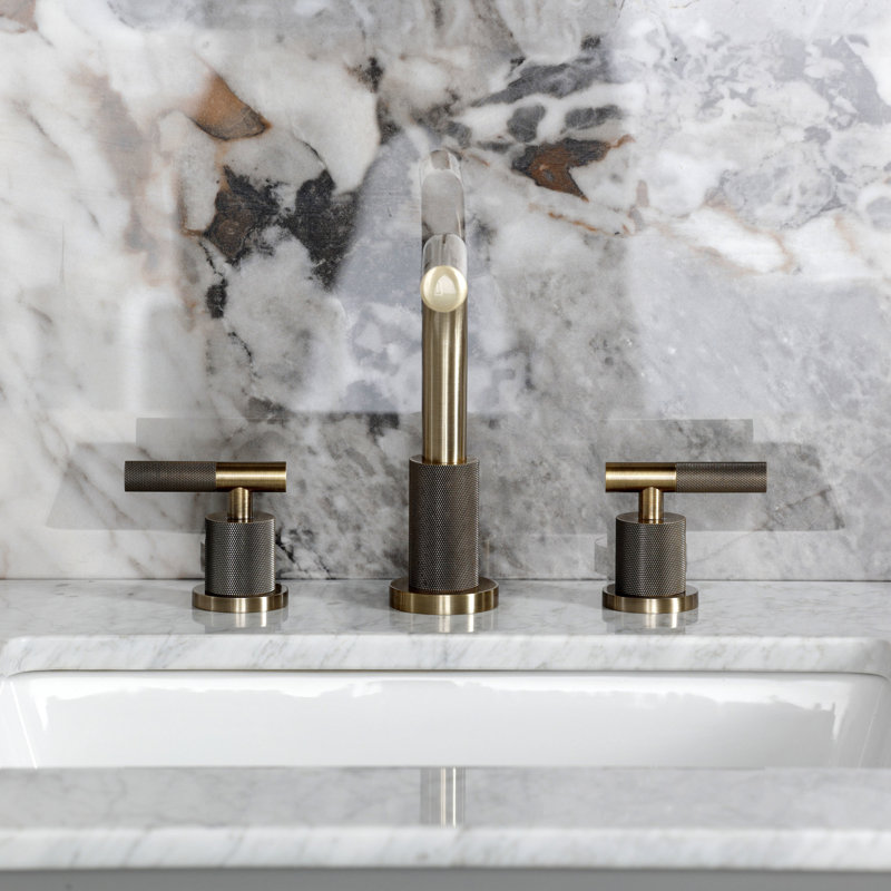 Kingston Brass Convergent Two-Handle 3-Hole Deck Mount Widespread Bathroom Faucet with Knurled Handle and Brass Pop-Up Drain
