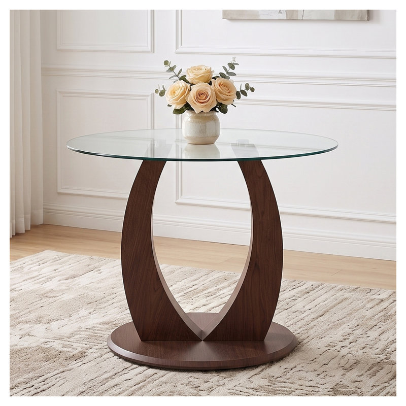 Table de salle à manger ronde en verre de 99 cm (39 po) avec piètement incurvé en bois réglable, conception à pied central modulable 2 en 1, plateau en verre trempé, MDF finition noyer, 4 couverts