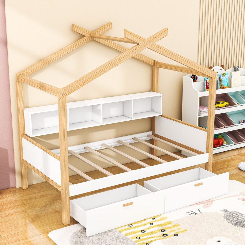 Lit en forme de maison avec tiroirs et étagères de rangement intégrés, Simple