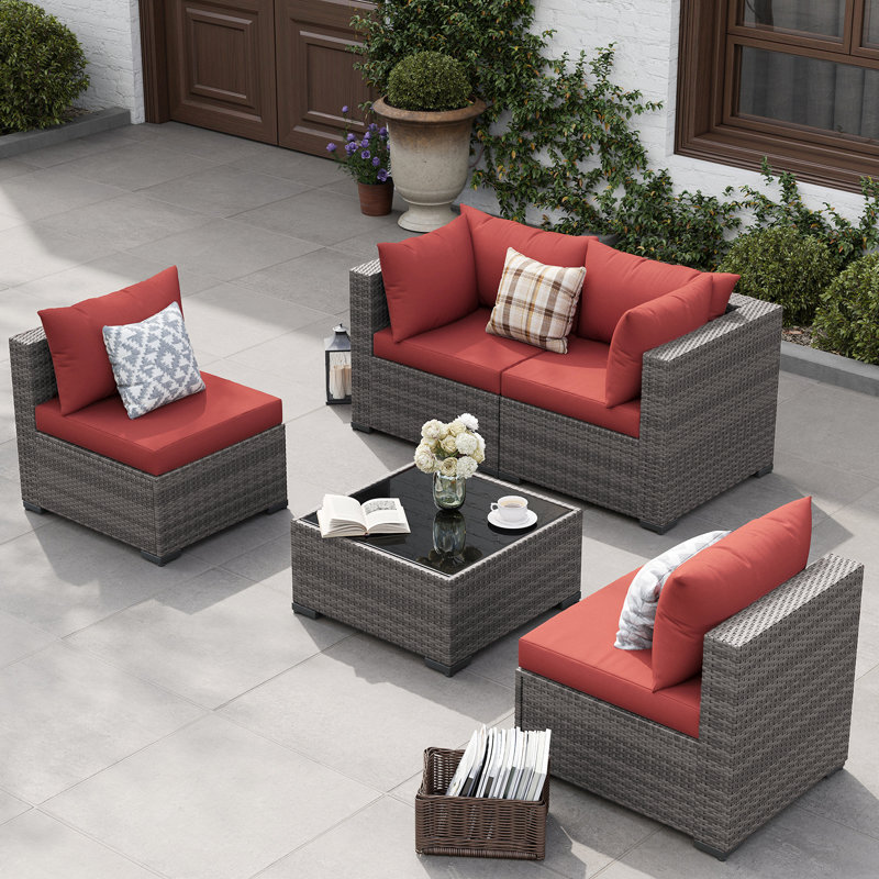 5 Piece Rattan Sectional Seating Group with Cushions, Wine Red