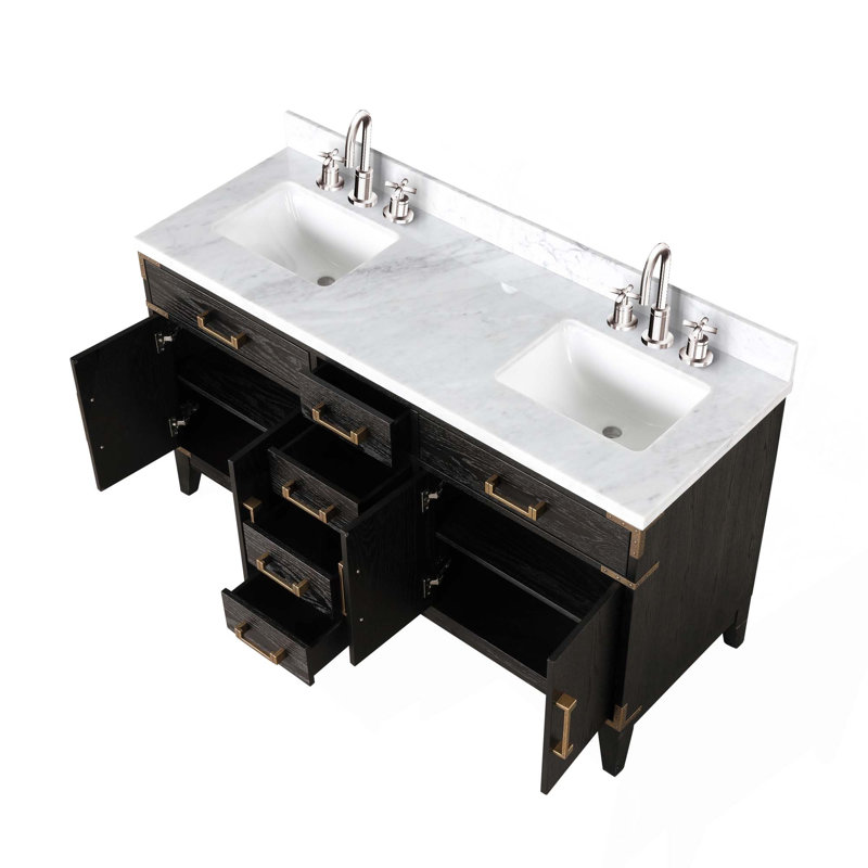 Ensemble de meuble-lavabo double, plateau en marbre de Carrare et robinet