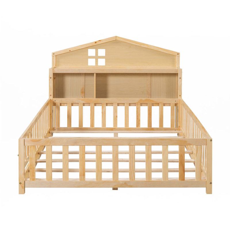 Full-Size Montessori Floor Bed With Bookcases And Blackboards, Natural
