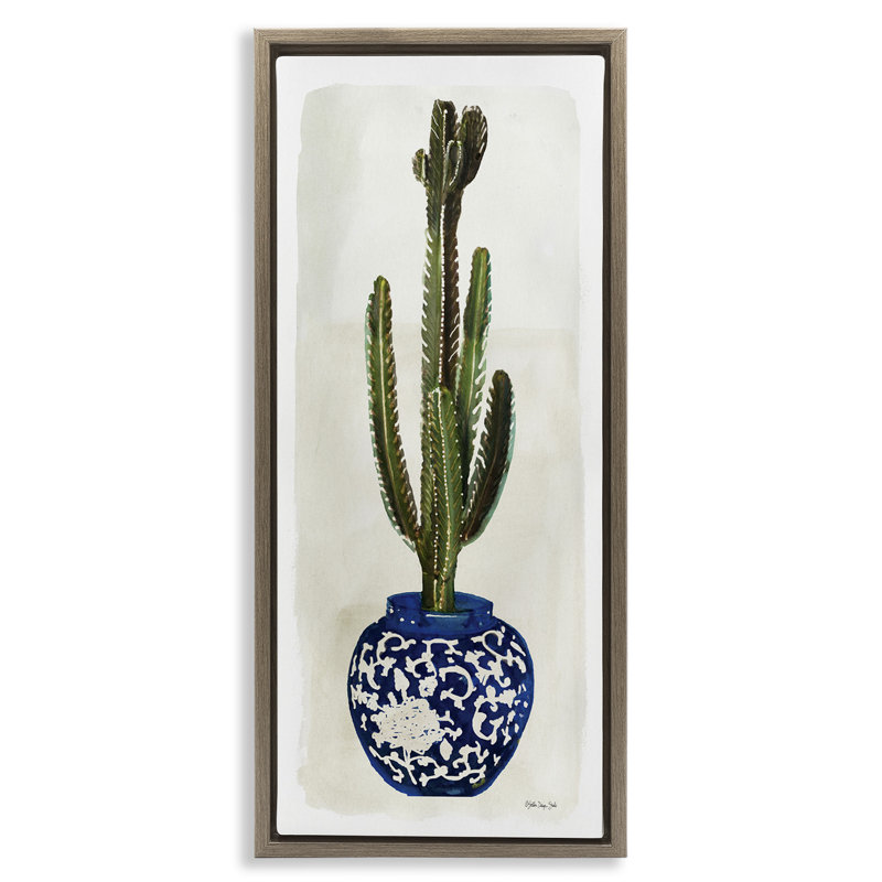 «Cactus in Blue Ornate Vase», art mural encadré or sur toile par Stellar Design Studio, Cadre flottant orme Montalcino