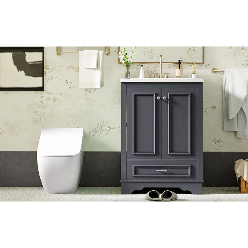 Meuble-lavabo autoportant moderne 24 po avec lavabo en céramique et poignées argentées, Bleu gris