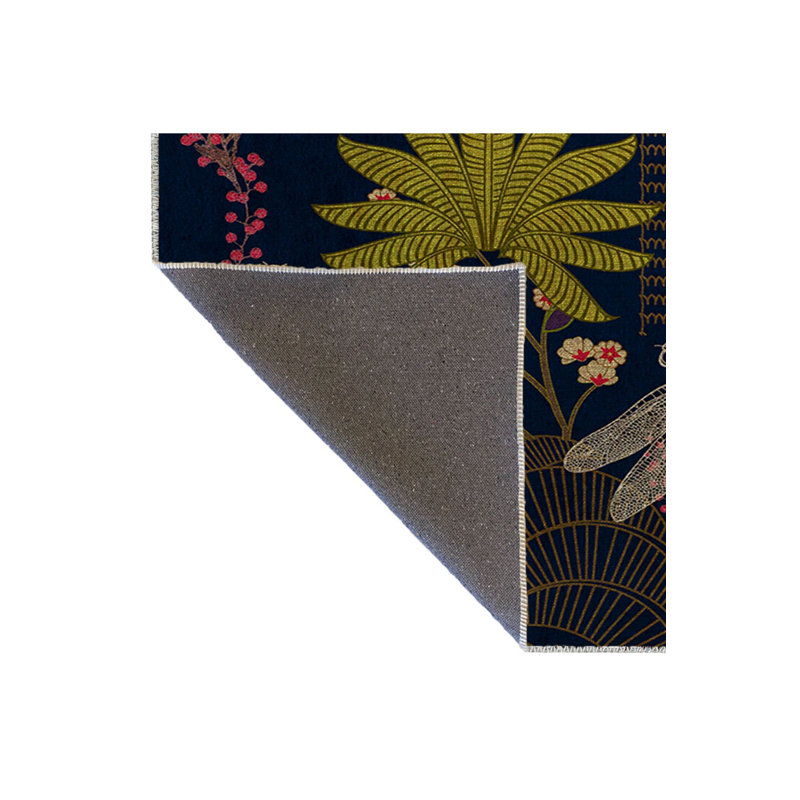 Tapis bleu marine à motif floral et cerf multicolore, Sous-tapis rectangulaire de 3 pi 3 po x 4 pi 11 po