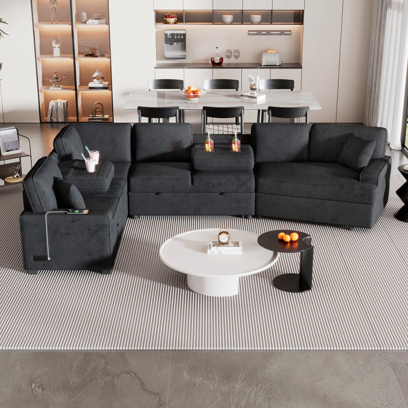 126" L-Shaped Sofa Sectional Sofa Couch Pull-Out Sofa Bed With Charging Devices And Cup Holders For Living Room