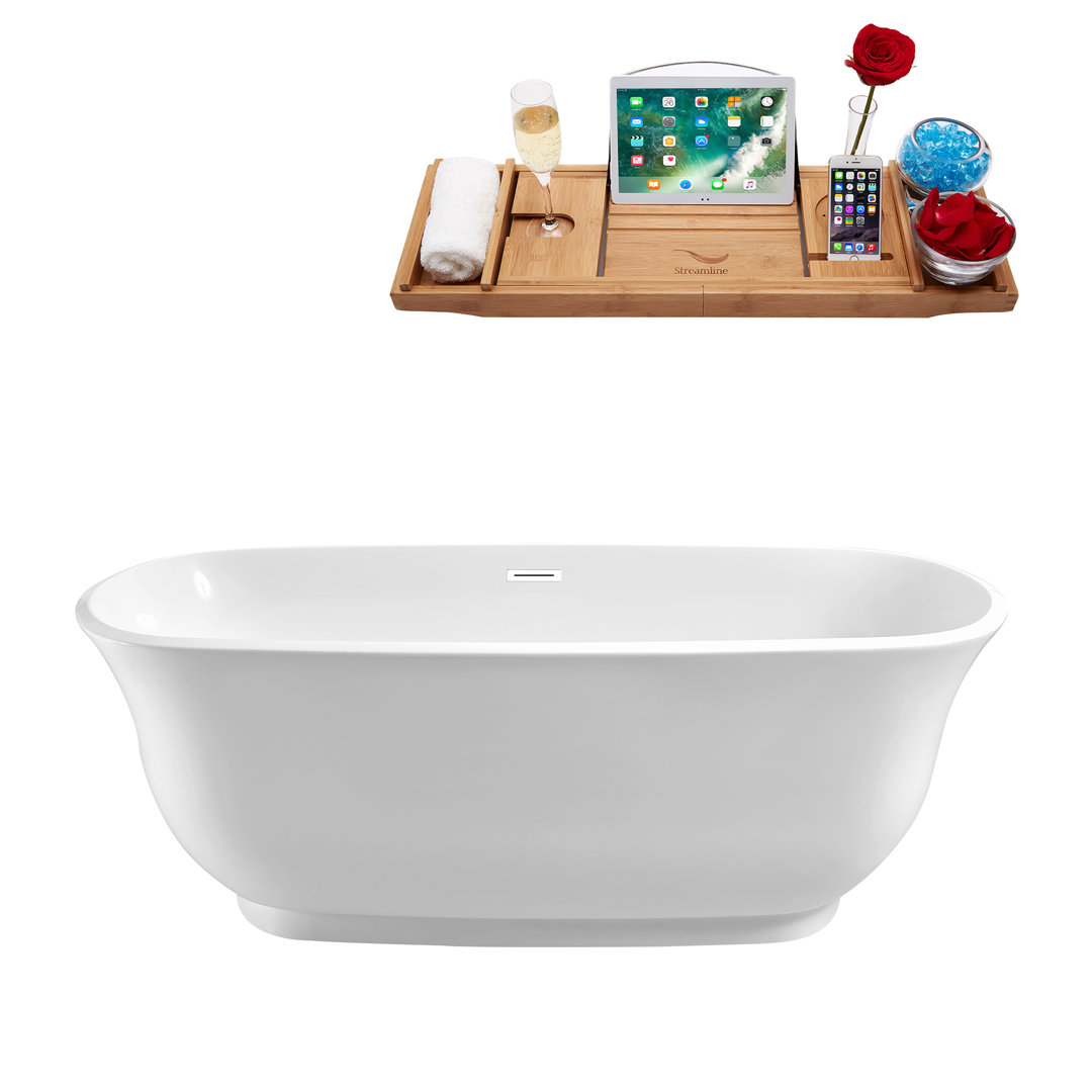 59" Streamline Freestanding Soaking Acrylic Bathtub With Drain and Bamboo Tray Streamline Bath Drain 