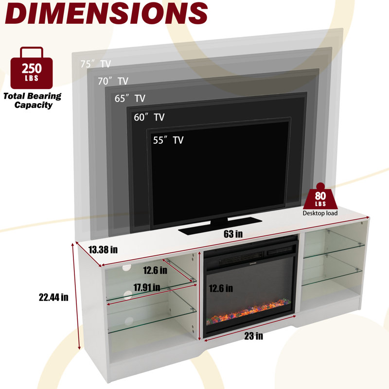 Crédence de rangement avec foyer électrique 63 po Ryter, Blanc