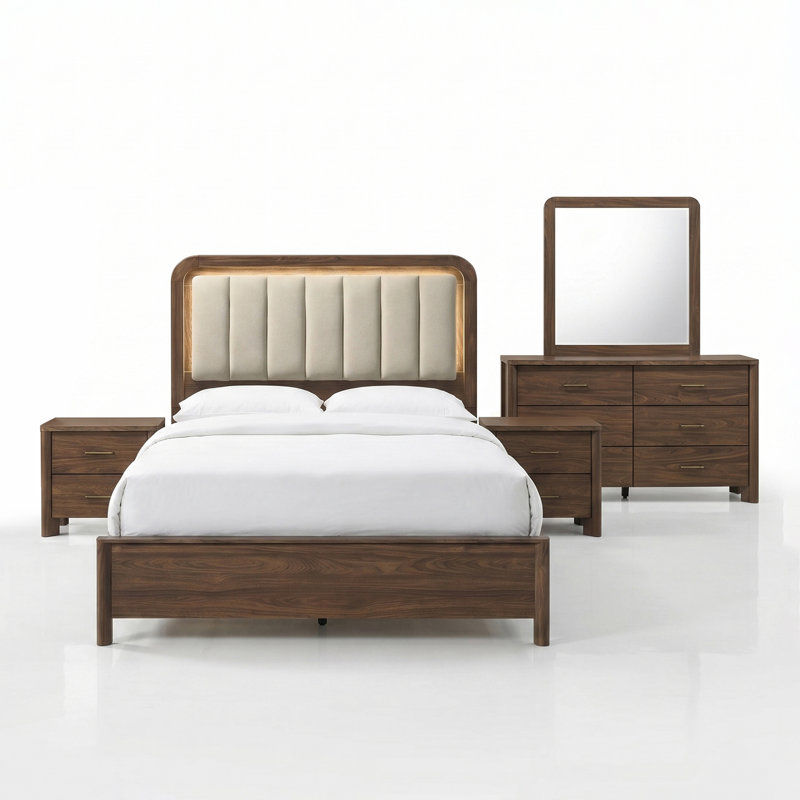 Ensemble de chambre à coucher 5 pièces avec tête de lit à lumière chaude Casillas, Grand lit