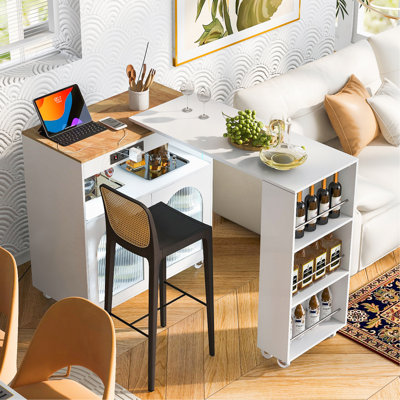 Îlot de cuisine roulant avec table allongée, îlot de cuisine sur roulettes avec lumières DEL, prises de courant et 2 portes en verre cannelé, îlot de cuisine avec compartiment de rangement et 3 tablettes ouvertes latérales